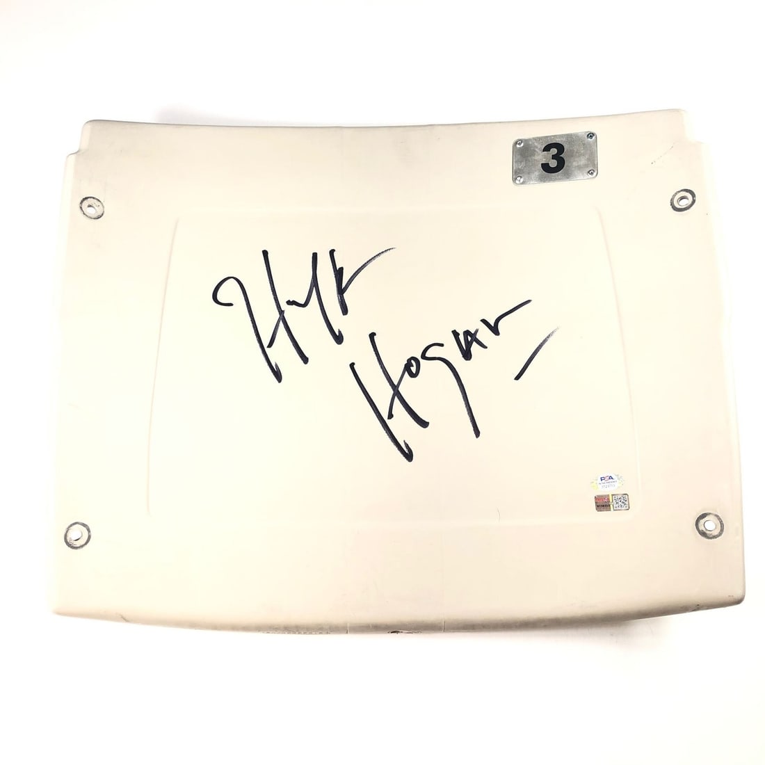 Hulk Hogan Autographed Silverdome Seatback PSA/DNA Tristar WrestleMania Rare: Hulk Hogan Autographed Silverdome Seatback PSA/DNA Tristar WrestleMania Rare This is a rare #3 Silverdome seat back autographed by the legendary wrestler Hulk Hogan. Notably, Hogan performed the iconi
