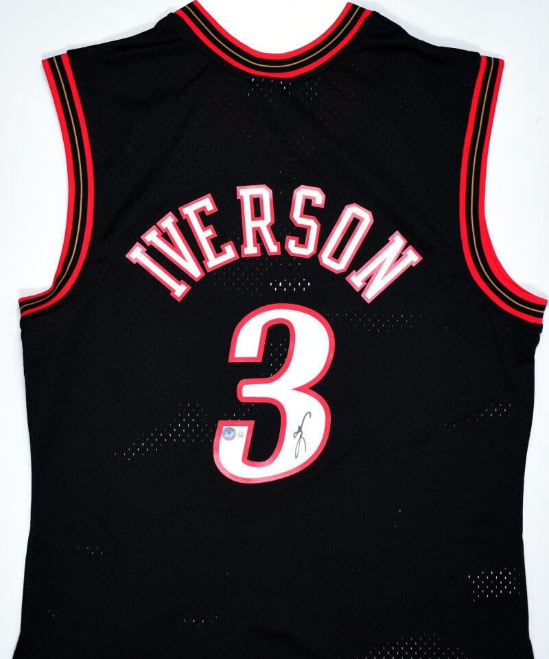Allen Iverson Signed 76ers Black Mitchell & Ness Jersey Beckett Authenticated: Allen Iverson Signed 76ers Black Mitchell & Ness Jersey Beckett Authenticated Celebrate the legacy of basketball legend Allen Iverson with this signed Philadelphia 76ers black Mitchell & Ness HWC Swin