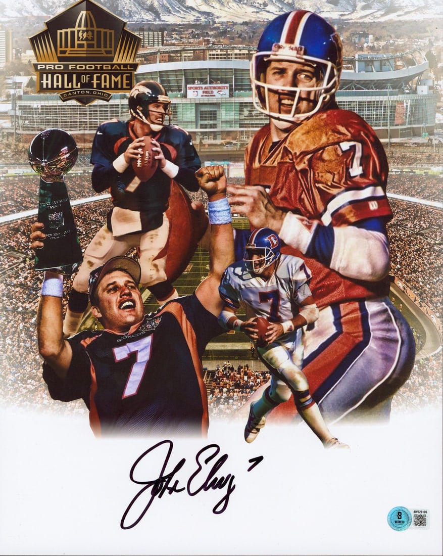 John Elway Autographed 11x14 Art Photo Collage BAS Witnessed Denver Broncos: John Elway Autographed 11x14 Art Photo Collage BAS Witnessed Denver Broncos This 11x14 custom art collage photo features a hand-signed autograph by John Elway of the Denver Broncos in black ink. The p