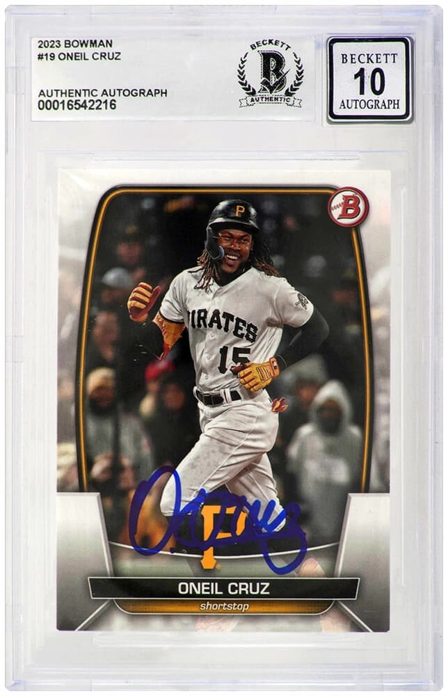 Oneil Cruz Signed 2023 Bowman Pirates Card #19 Beckett Mint 10: Oneil Cruz Signed 2023 Bowman Pirates Card #19 Beckett Mint 10 This is a Oneil Cruz signed Pittsburgh Pirates 2023 Bowman baseball trading card #19. The card features a pristine autograph that has bee
