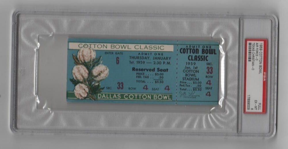 Original 1959 Cotton Bowl Football Full Ticket Air Force vs TCU PSA Graded: Original 1959 Cotton Bowl Football Full Ticket Air Force vs TCU PSA Graded This is an original full ticket from the 1959 Cotton Bowl featuring the Air Force vs. TCU Horned Frogs. The ticket is a colle