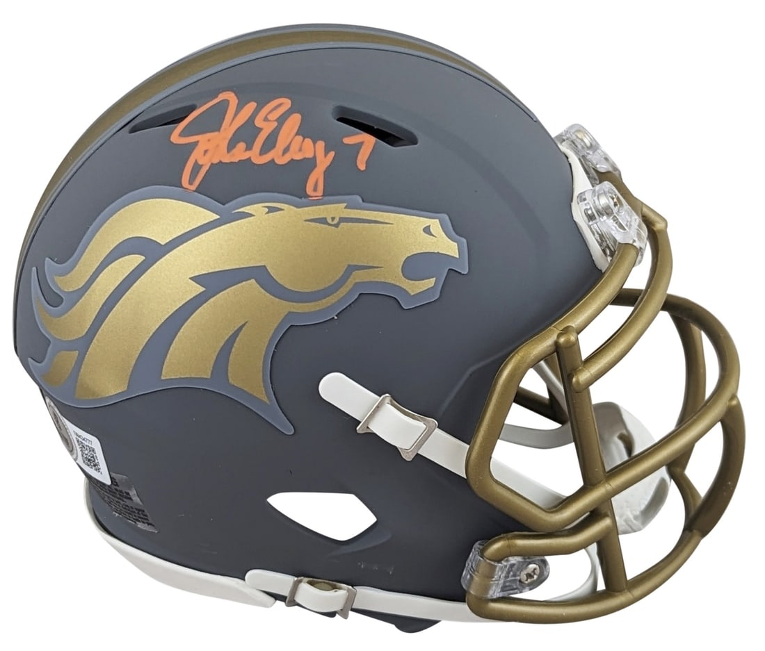 John Elway Signed Denver Broncos Slate Speed Mini Helmet BAS Witnessed: John Elway Signed Denver Broncos Slate Speed Mini Helmet BAS Witnessed This authentic alternate slate speed mini helmet is personally signed by John Elway, legendary quarterback of the Denver Broncos.