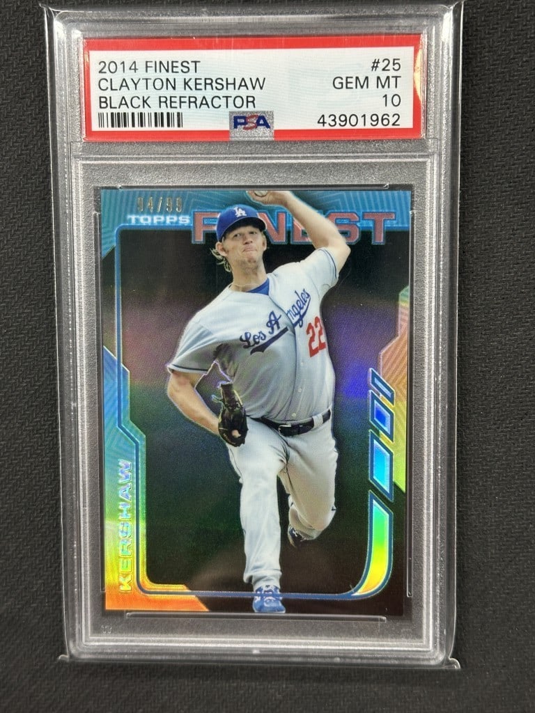 Clayton Kershaw 2014 Topps Finest Black Refractor PSA 10 #25 Dodgers: Clayton Kershaw 2014 Topps Finest Black Refractor PSA 10 #25 Dodgers This is a stunning 2014 Topps Finest Black Refractor baseball card featuring Clayton Kershaw, a celebrated player for the Los Angel