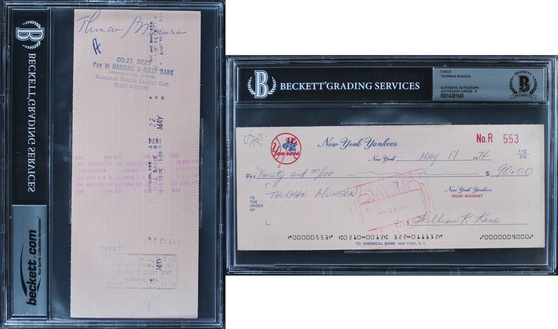 Thurman Munson Signed 1974 Yankees Check Auto 9 Beckett Slab 3.5x8.5 (1 of 3)