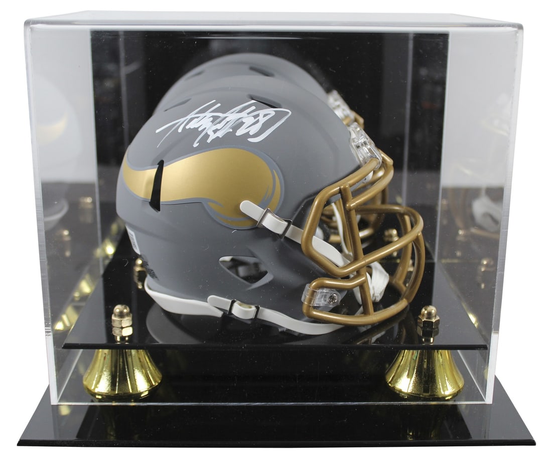 Adrian Peterson Signed Vikings Slate Mini Helmet with Beckett Case: Adrian Peterson Signed Vikings Slate Mini Helmet with Beckett Case This authentic Adrian Peterson signed alternate slate speed mini helmet from the Minnesota Vikings is a must-have for any football en