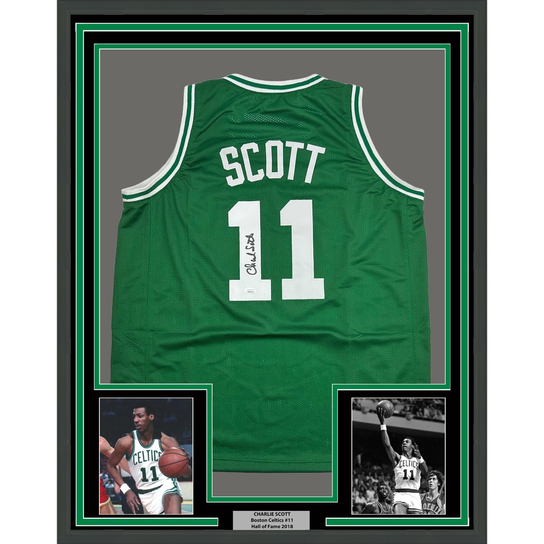 Charlie Scott Signed Boston Celtics Jersey in 35x39 Frame with JSA Authentication: Charlie Scott Signed Boston Celtics Jersey in 35x39 Frame with JSA Authentication This professionally framed and matted Boston Celtics green jersey is autographed by Charlie Scott. The display measure