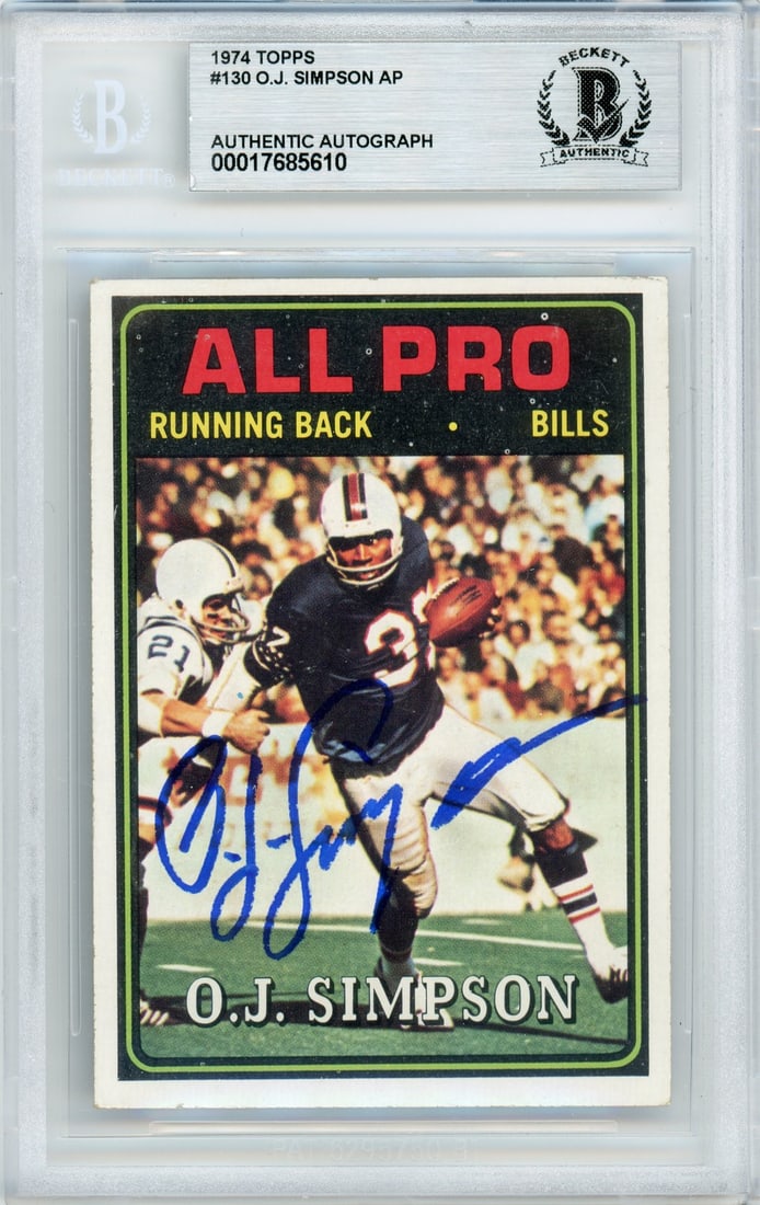 O.J. Simpson Signed 1974 Topps Football Card BGS Buffalo Bills #130: O.J. Simpson Signed 1974 Topps Football Card BGS Buffalo Bills #130 This is an original 1974 Topps #130 O.J. Simpson sports trading card, featuring the legendary Buffalo Bills running back. The card h