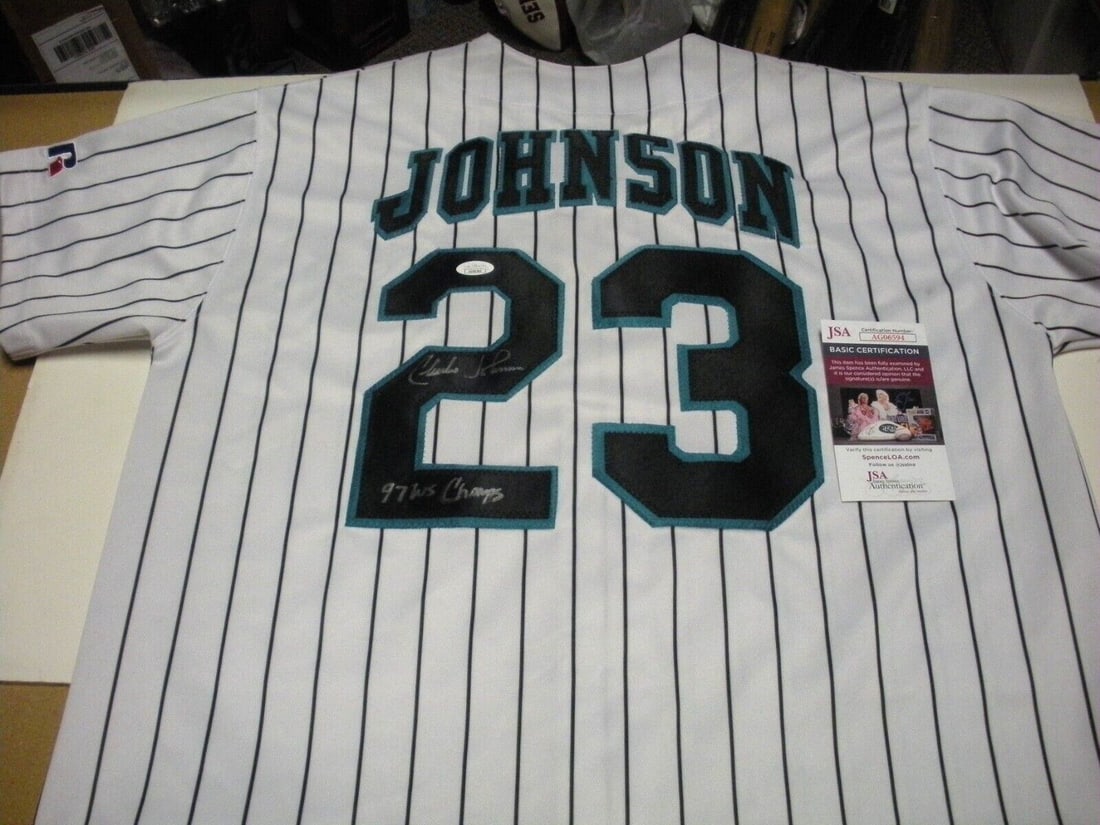 Charles Johnson Autographed Florida Marlins Russell Jersey with JSA COA (1 of 2)