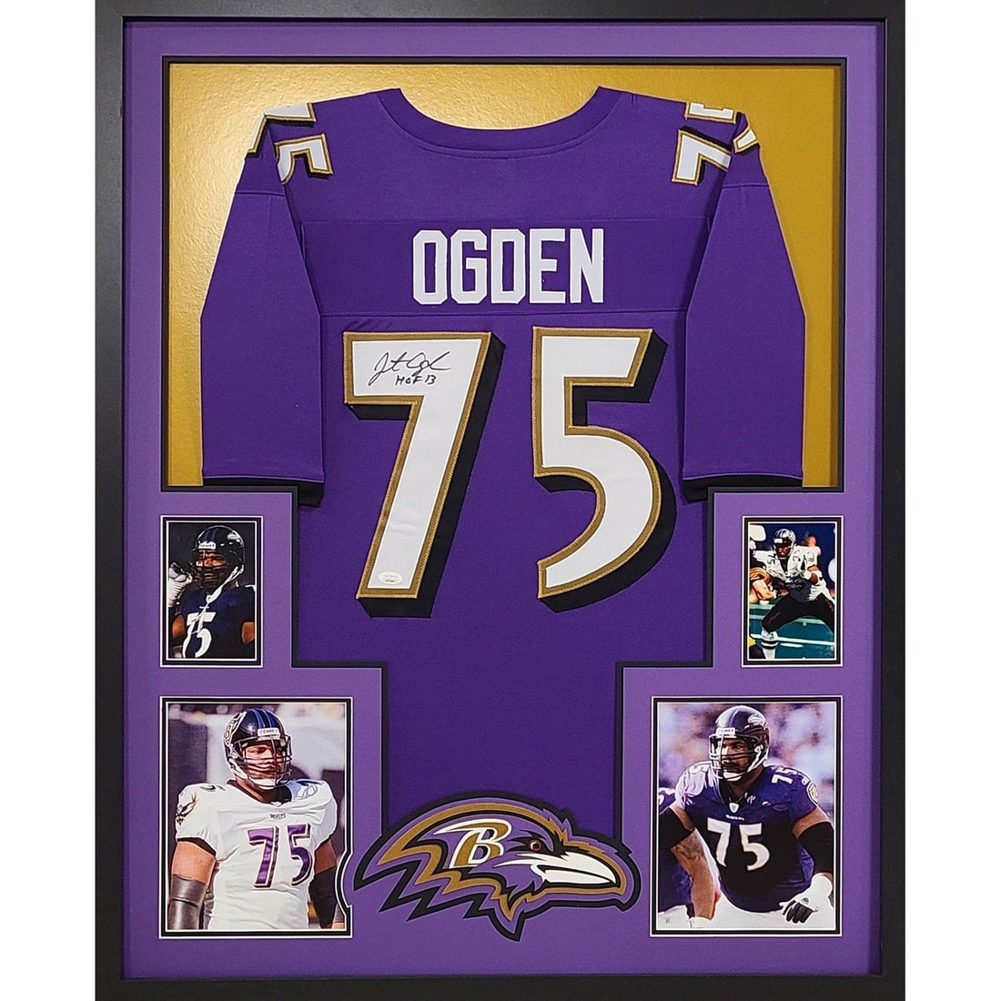 Jonathan Ogden Signed Framed Jersey JSA Authenticated Baltimore Ravens 43x36: Jonathan Ogden Signed Framed Jersey JSA Authenticated Baltimore Ravens 43x36 This is an autographed framed jersey of Jonathan Ogden, a legendary player for the Baltimore Ravens. The jersey is authenti