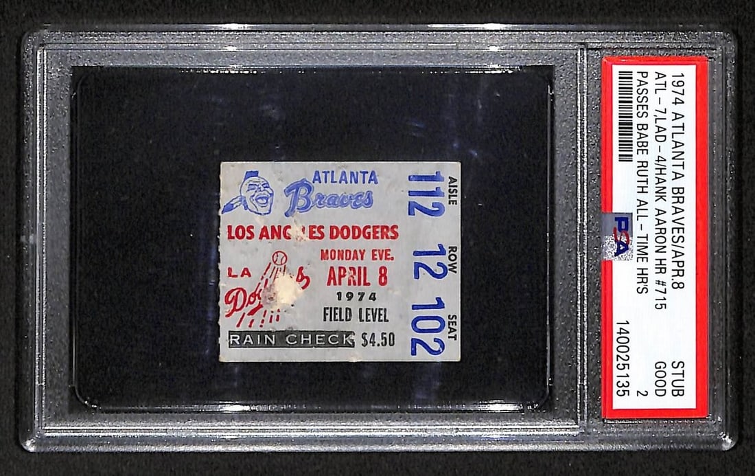 1974 Dodgers vs Braves Ticket Stub Hank Aaron 715th Home Run PSA DNA Good 2 (1 of 2)