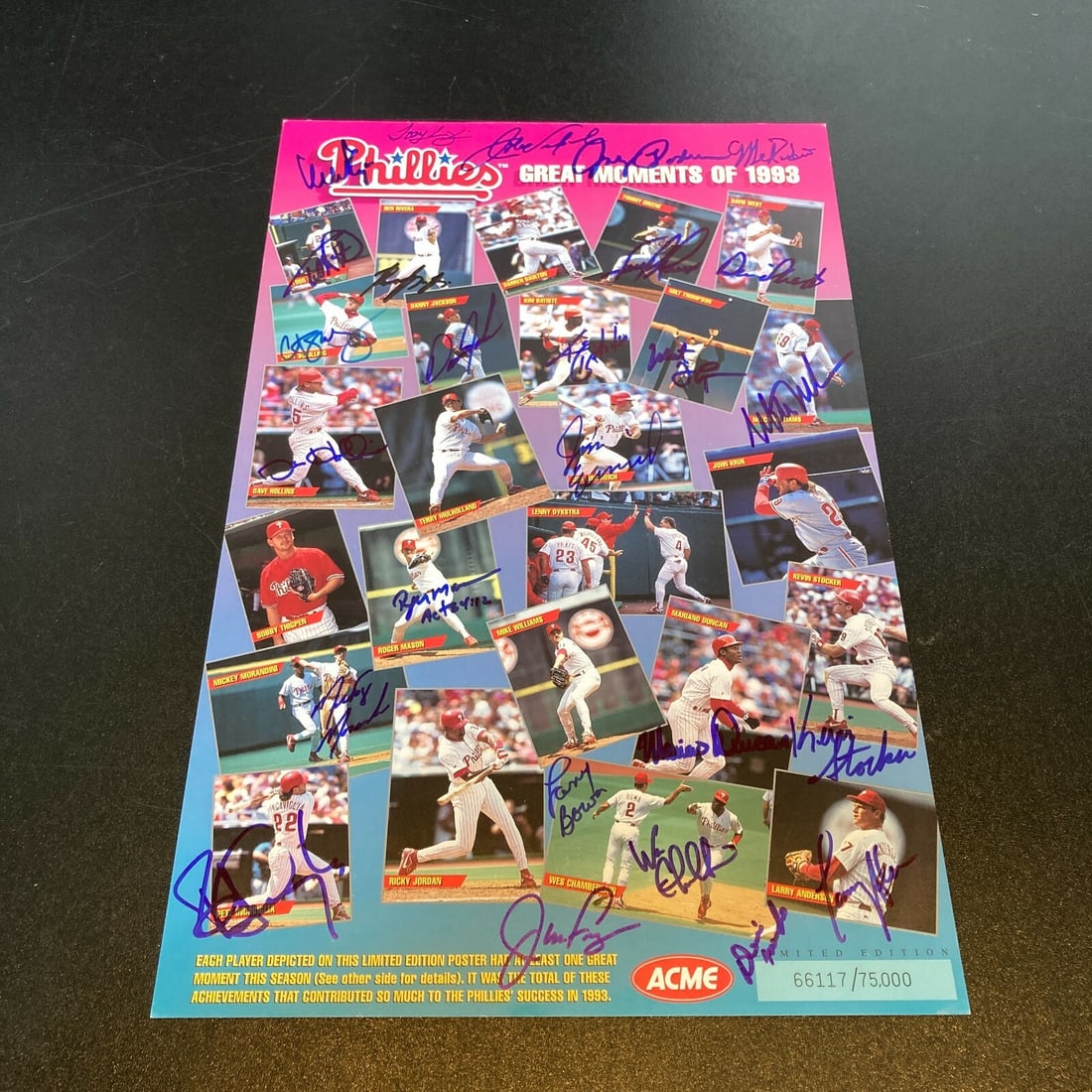 1993 Phillies Team 11x17 Poster With 26 Player Autographs: 1993 Phillies Team 11x17 Poster With 26 Player Autographs This original 11x17 inch poster commemorates the 1993 Philadelphia Phillies as National League Champions and features the authentic signatures