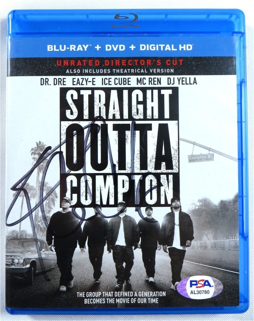 Autographed Straight Outta Compton Blu-ray Cover by Ice Cube PSA Authenticated: Autographed Straight Outta Compton Blu-ray Cover by Ice Cube PSA Authenticated This pre-owned Blu-ray cover for "Straight Outta Compton" has been hand-signed by Ice Cube. The autograph is professional