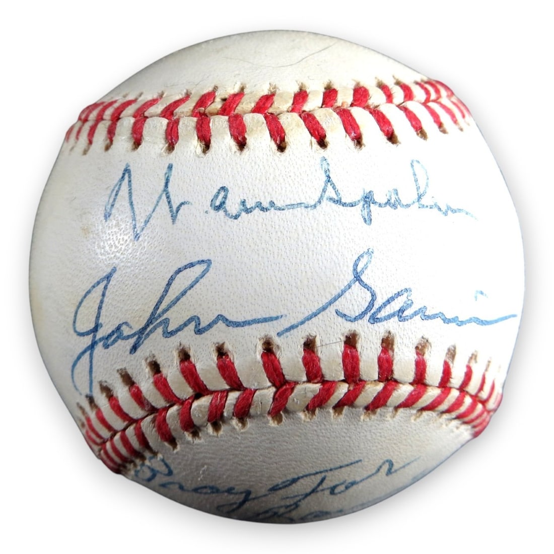 NL Baseball Signed by Warren Spahn and Johnny Sain JSA Authenticated: NL Baseball Signed by Warren Spahn and Johnny Sain JSA Authenticated This is an original National League baseball autographed by Warren Spahn and Johnny Sain, featuring the inscription "Pray for Rain.
