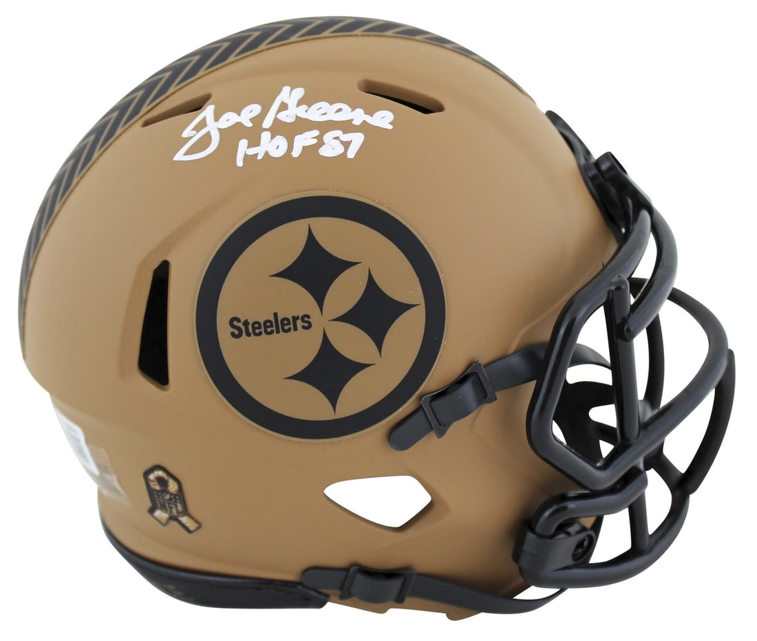 Joe Greene Signed Steelers Salute To Service II Mini Helmet HOF 87 BAS Authenticated: Joe Greene Signed Steelers Salute To Service II Mini Helmet HOF 87 BAS Authenticated Celebrate the legacy of the Pittsburgh Steelers with this autographed Joe Greene "HOF 87" signed 2023 Salute To Ser