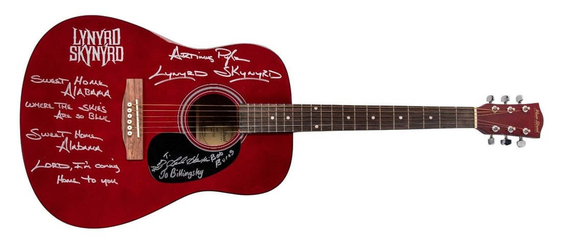 Lynyrd Skynyrd Signed Main Street Acoustic Guitar with JSA COA: Lynyrd Skynyrd Signed Main Street Acoustic Guitar with JSA COA This Main Street acoustic guitar features the authentic signatures and inscriptions of five legendary members of the Rock and Roll Hall o