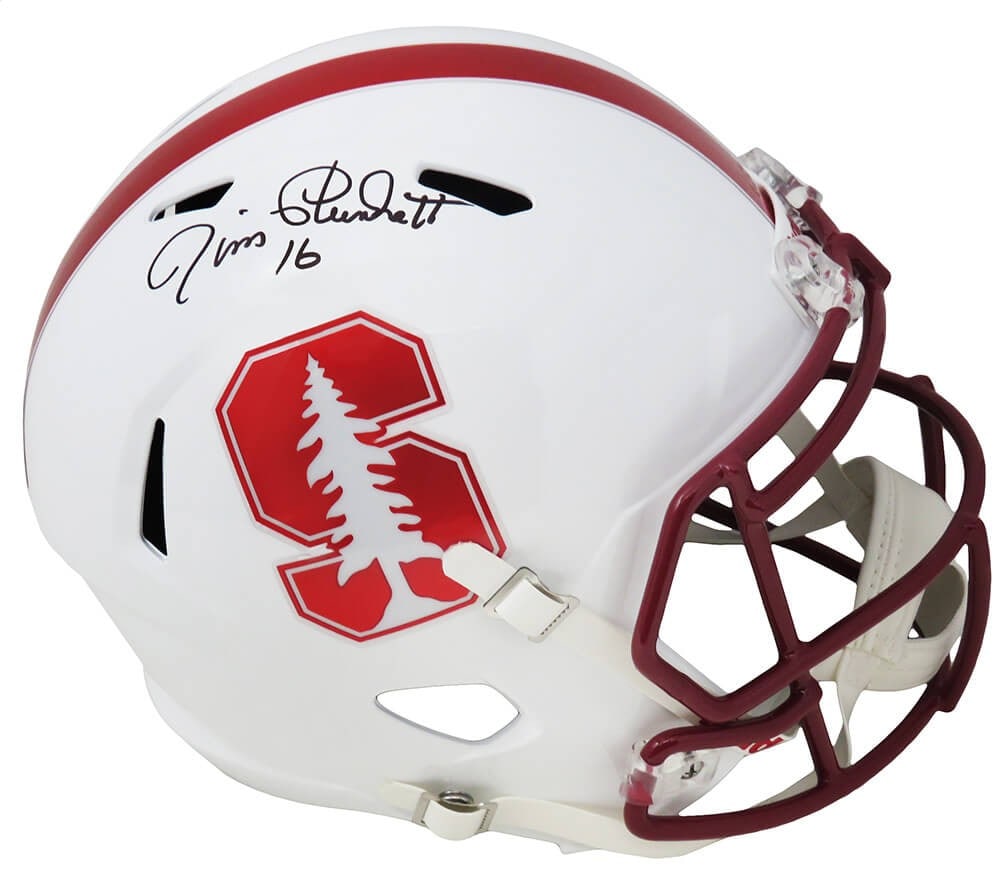 Jim Plunkett Signed Stanford Cardinals Riddell Full Size Replica Helmet with Authentication: Jim Plunkett Signed Stanford Cardinals Riddell Full Size Replica Helmet with Authentication This is a Jim Plunkett signed Stanford Cardinals Riddell full-size speed replica helmet, a must-have for any