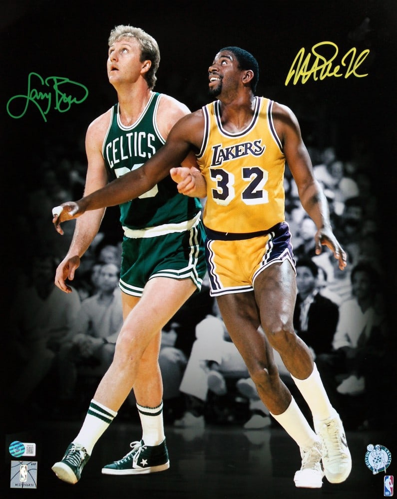Magic Johnson Larry Bird Signed 16x20 Photo Beckett Authenticated: Magic Johnson Larry Bird Signed 16x20 Photo Beckett Authenticated This stunning 16x20 vertical boxout spotlight photo features the iconic Magic Johnson and Larry Bird, both of whom have personally sig