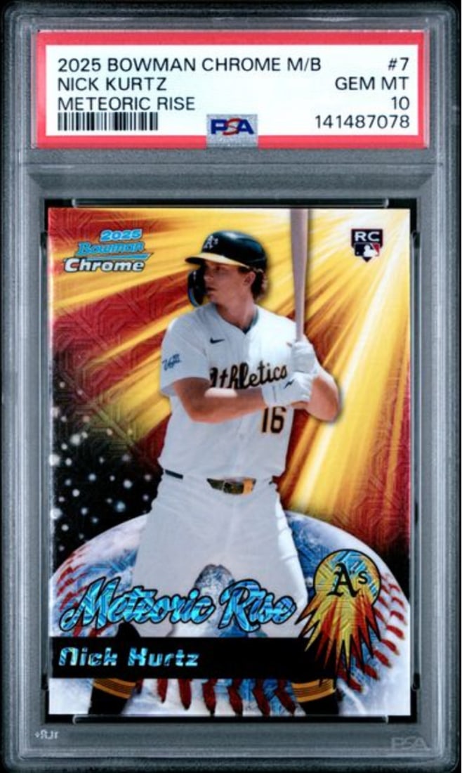 PSA 10 Nick Kurtz 2025 Meteoric Rise Rookie Bowman Chrome Mega Box Card: PSA 10 Nick Kurtz 2025 Meteoric Rise Rookie Bowman Chrome Mega Box Card This is a 2025 Bowman Chrome Mega Box Nick Kurtz 7 Meteoric Rise rookie card, graded PSA 10 by Professional Sports Authenticator