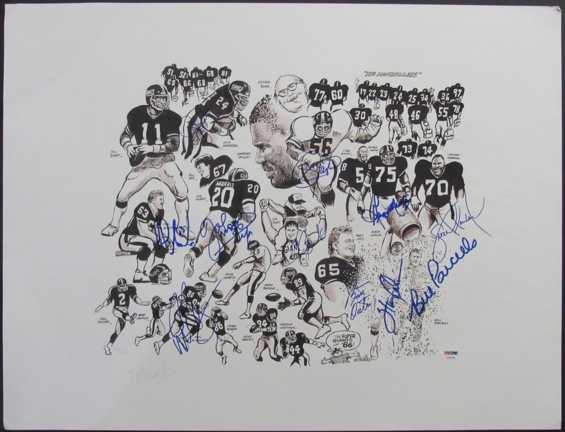 PSA DNA 19x25 New York Giants lithograph signed by 11: PSA DNA 19x25 New York Giants lithograph signed by 11 This 1986 New York Giants lithograph commemorates the team's Super Bowl championship and features the signatures of 11 key team members. The litho