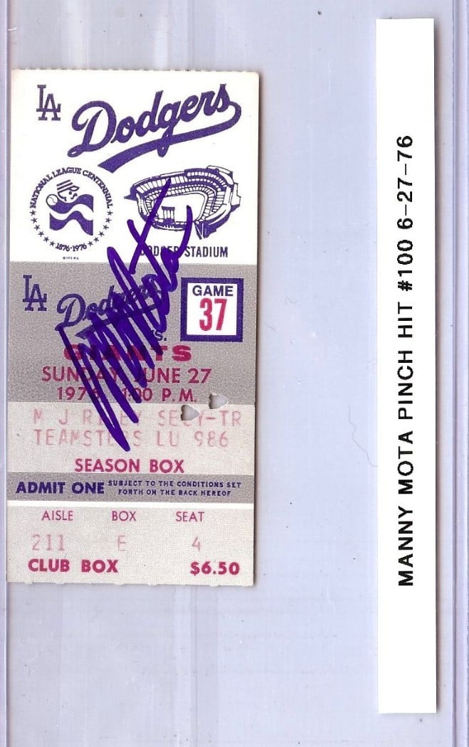 Manny Mota Signed Ticket Stub Dodgers Pinch Hit #100 JSA Authenticated (1 of 3)