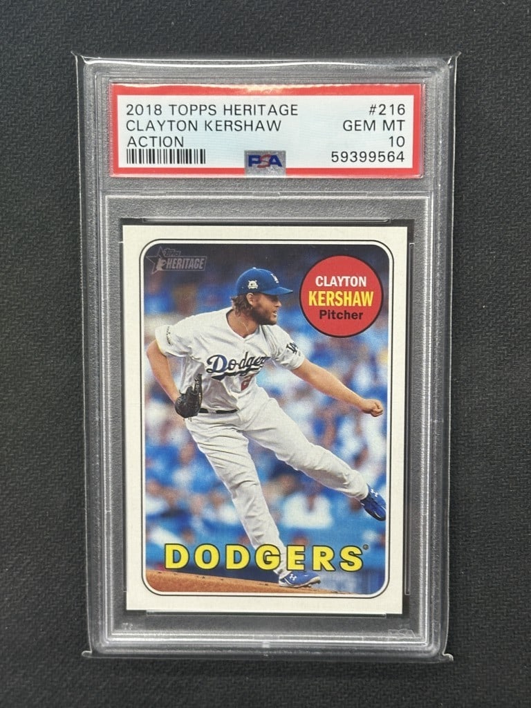 Clayton Kershaw 2018 Topps Heritage PSA 10 Action Variation Dodgers: Clayton Kershaw 2018 Topps Heritage PSA 10 Action Variation Dodgers This 2018 Topps Heritage Clayton Kershaw Action Variation baseball card is a must-have for collectors. Graded a perfect 10 by Profes