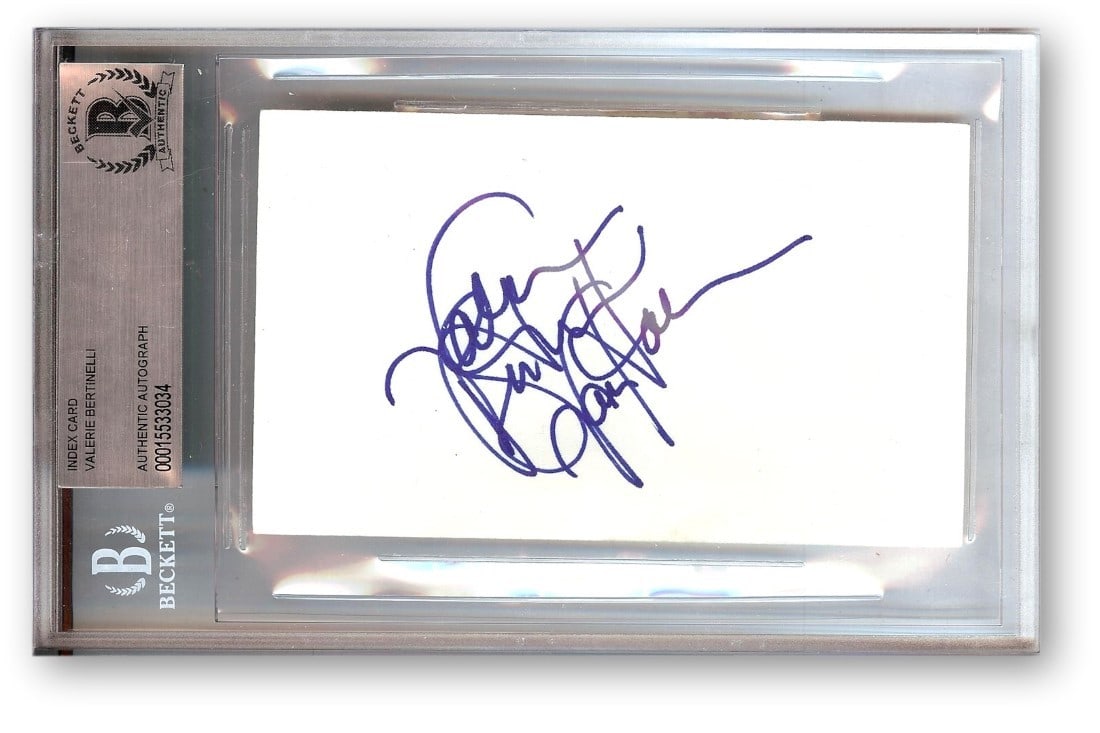 Valerie Bertinelli Signed Index Card Beckett Authenticated One Day at a Time: Valerie Bertinelli Signed Index Card Beckett Authenticated One Day at a Time This is an original index card autographed by Valerie Bertinelli Van Halen, known for her role in "One Day at a Time." The 
