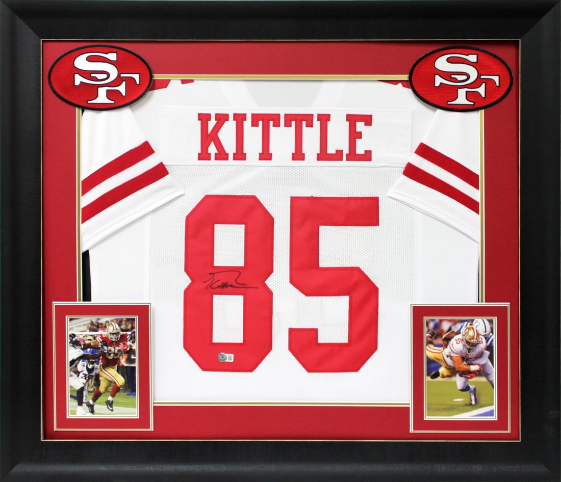 George Kittle Signed Framed Jersey San Francisco 49ers BAS Witnessed 32 x 37: George Kittle Signed Framed Jersey San Francisco 49ers BAS Witnessed 32 x 37 This authentic San Francisco 49ers jersey has been personally signed by George Kittle, showcasing his signature in a stunni