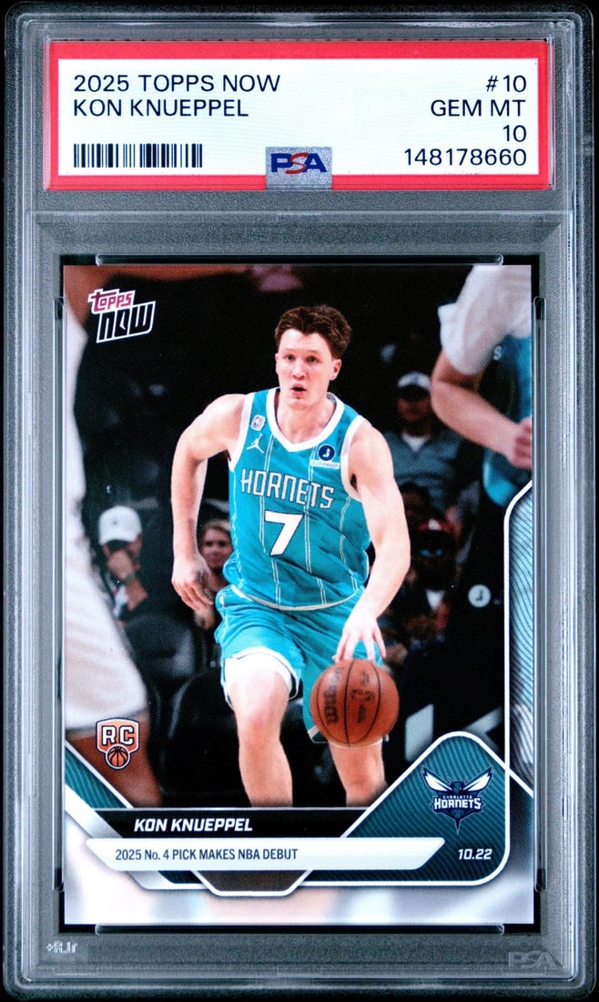 PSA 10 Gem Mint Kon Knueppel 2025 Topps Now Rookie Card: PSA 10 Gem Mint Kon Knueppel 2025 Topps Now Rookie Card This is a 2025 Topps Now Kon Knueppel #10 rookie basketball card, professionally graded and encapsulated by PSA with a Gem Mint 10 rating. The c