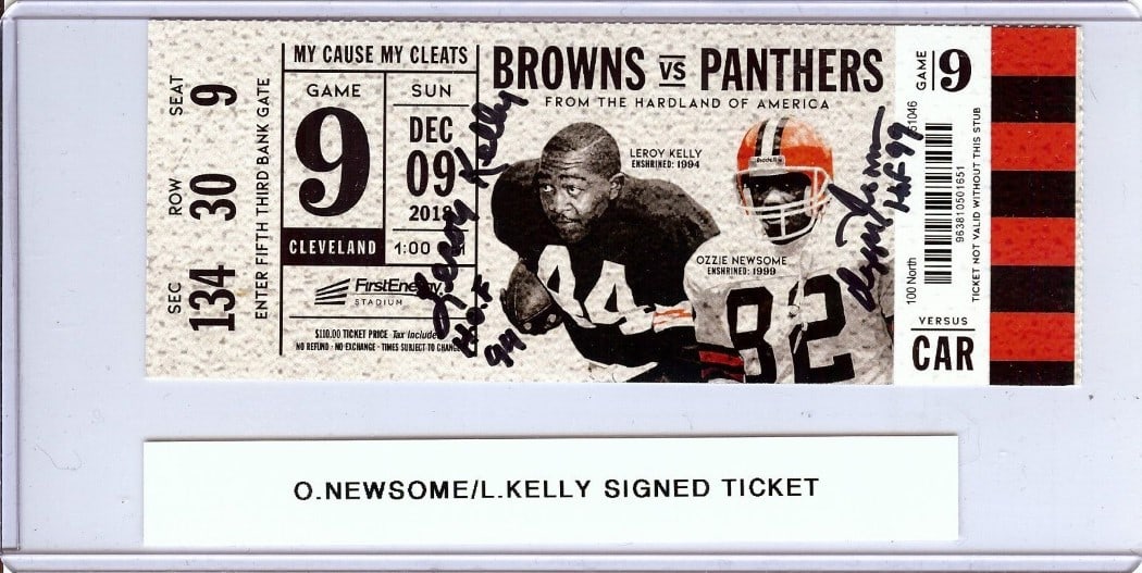 Ozzie Newsome LeRoy Kelly Dual Signed Ticket Stub Browns JSA Authenticated: Ozzie Newsome LeRoy Kelly Dual Signed Ticket Stub Browns JSA Authenticated This is an original autographed ticket stub featuring the signatures of NFL legends Ozzie Newsome and LeRoy Kelly. Both playe
