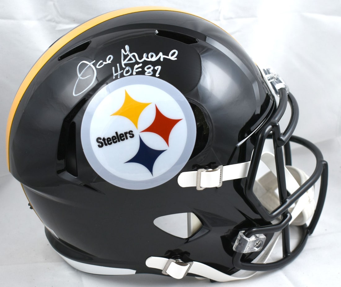 Joe Greene Signed Pittsburgh Steelers Full Size Helmet Beckett Hologram: Joe Greene Signed Pittsburgh Steelers Full Size Helmet Beckett Hologram This is an original full-size speed helmet autographed by the legendary Joe Greene, a celebrated player of the Pittsburgh Steele