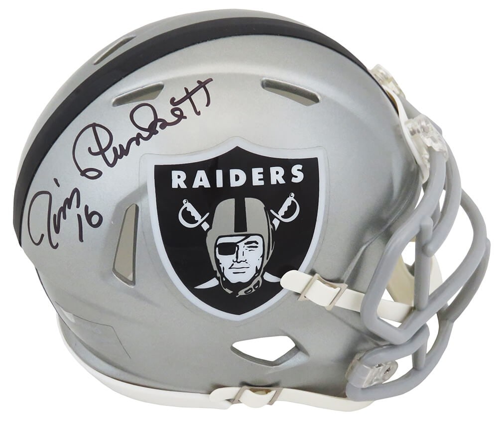 Jim Plunkett Signed Raiders FLASH Mini Helmet with COA: Jim Plunkett Signed Raiders FLASH Mini Helmet with COA This is a Jim Plunkett signed FLASH Riddell Speed mini helmet, representing the Las Vegas Raiders. The helmet is an original product and features