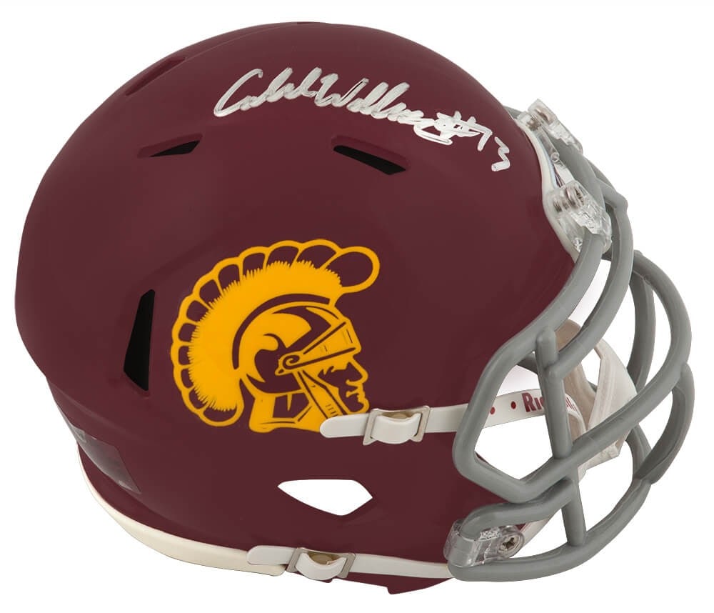 Caleb Williams Autographed USC Trojans Riddell Mini Helmet with Fanatics COA: Caleb Williams Autographed USC Trojans Riddell Mini Helmet with Fanatics COA Celebrate your passion for USC Trojans football with this signed mini helmet by Caleb Williams. This authentic Riddell Spee