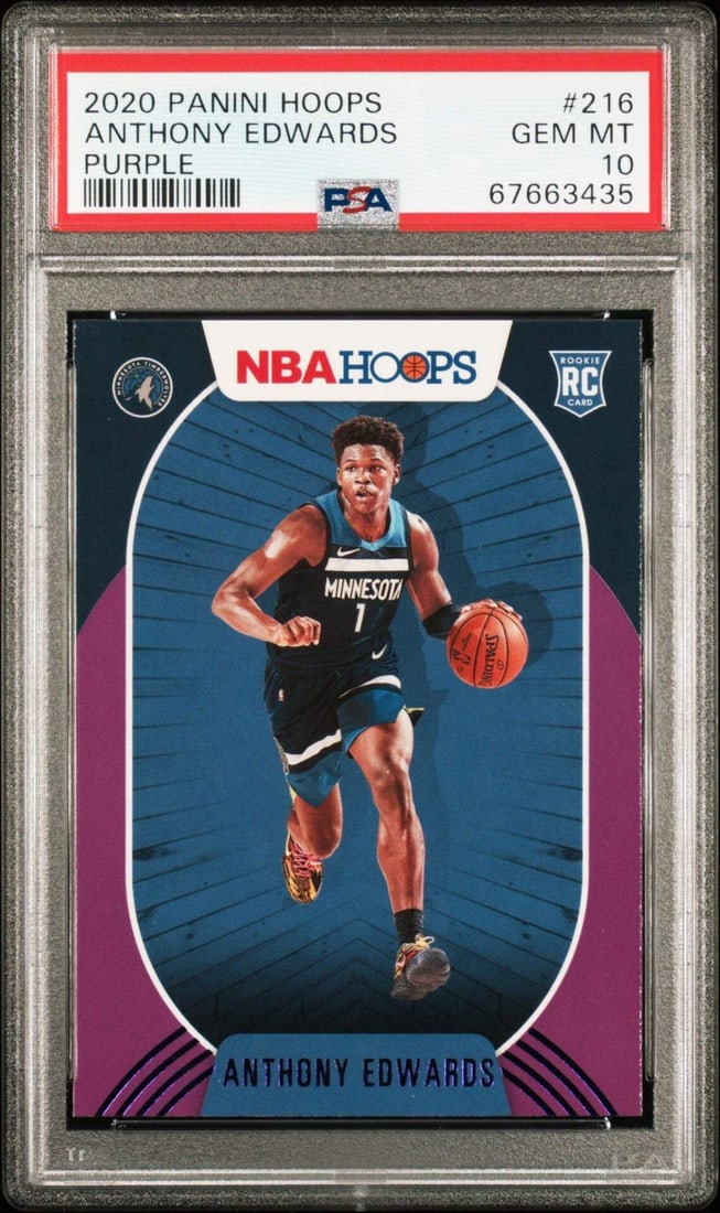 2020 Panini Hoops Anthony Edwards #216 Purple RC Basketball Card PSA 10: 2020 Panini Hoops Anthony Edwards #216 Purple RC Basketball Card PSA 10 This is a graded 2020 Panini Hoops Anthony Edwards #216 Purple RC Basketball Card, rated PSA 10. The card features Anthony Edwar
