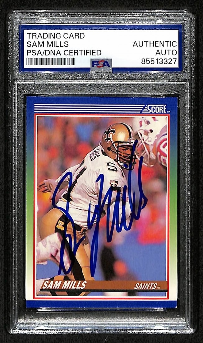 Sam Mills HOF Signed 1990 Score #74 Saints Panthers PSA/DNA: Sam Mills HOF Signed 1990 Score #74 Saints Panthers PSA/DNA This is a signed and authenticated trading card featuring Sam Mills, a Hall of Fame linebacker known for his time with the New Orleans Saint