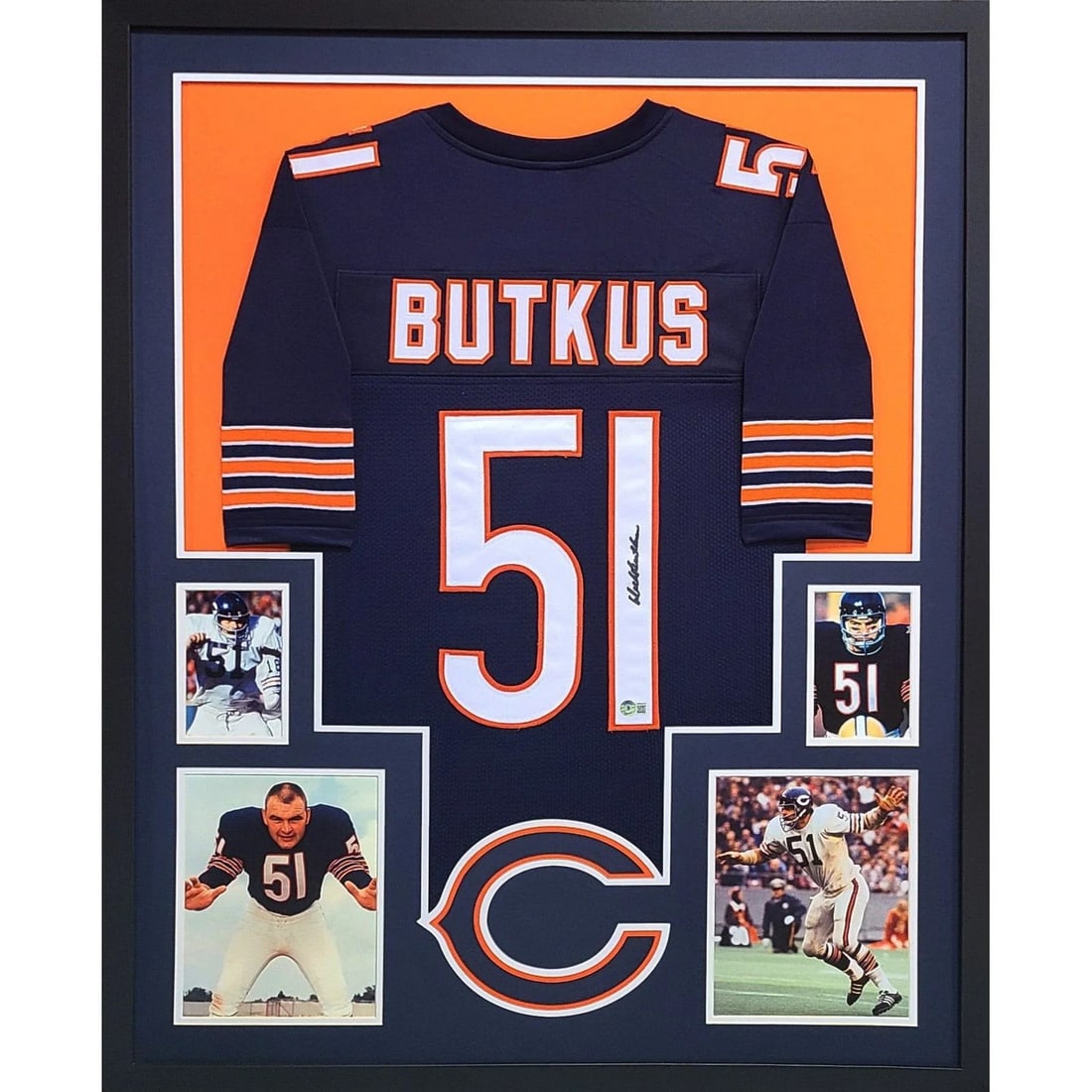 Framed Chicago Bears Jersey Signed by Dick Butkus Beckett Authenticated: Framed Chicago Bears Jersey Signed by Dick Butkus Beckett Authenticated This framed Chicago Bears jersey features the authentic signature of Dick Butkus. The jersey is professionally framed under UV-p
