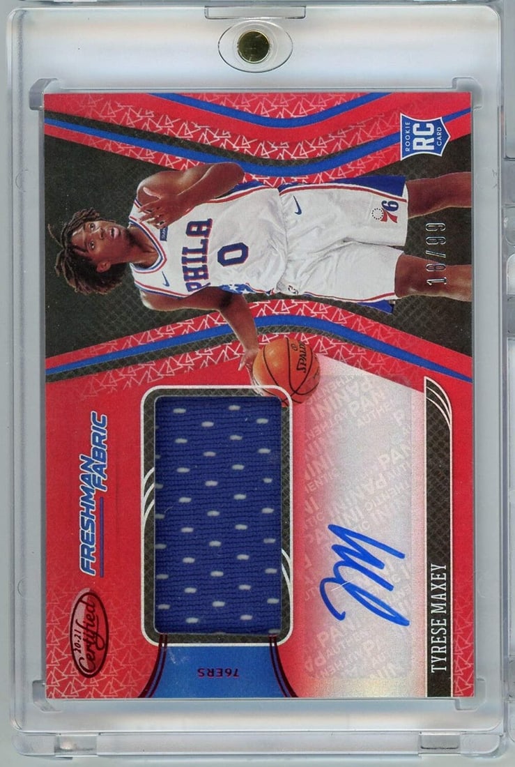 2020 Panini Certified Tyrese Maxey /99 RPA RC Autographed NBA Card: 2020 Panini Certified Tyrese Maxey /99 RPA RC Autographed NBA Card This 2020 Panini Certified Tyrese Maxey #FF-MAX /99 Freshman Fabric RPA RC Card is a must-have for collectors. The card features an a