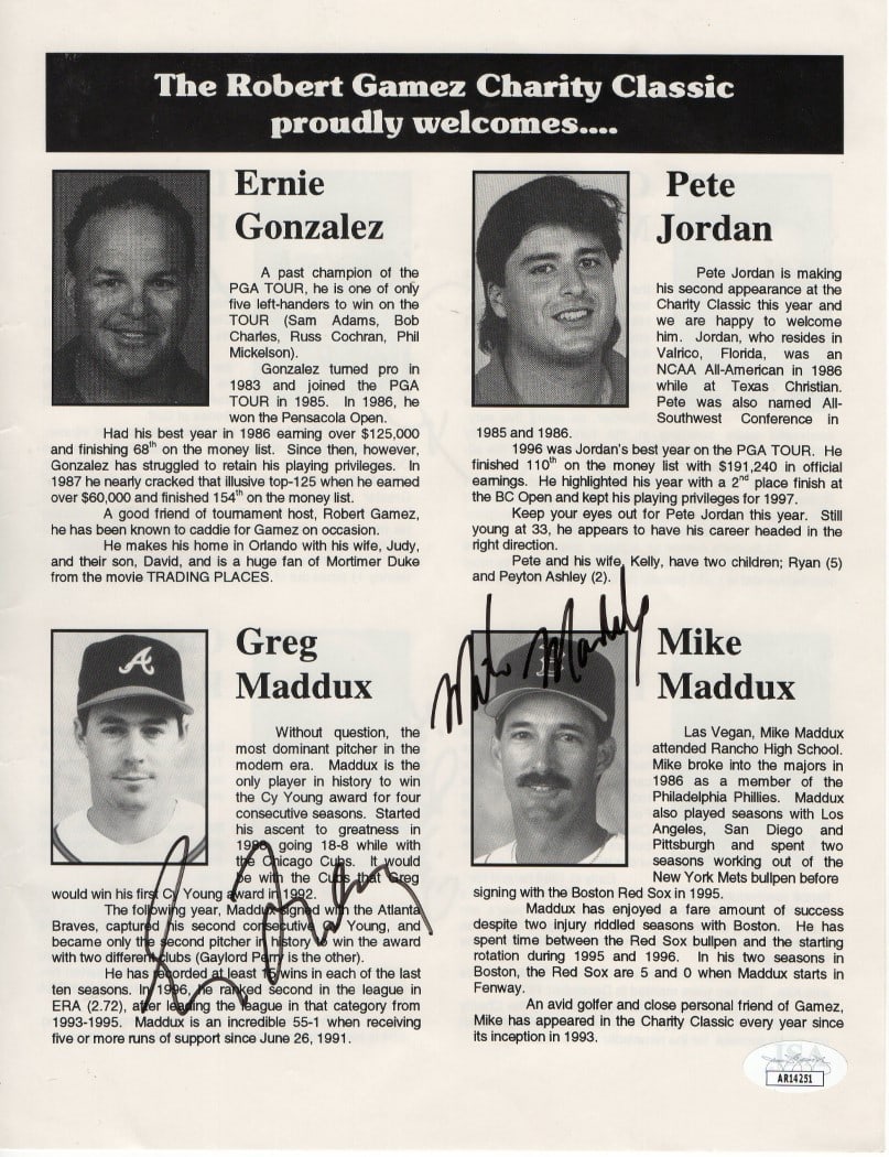 Greg Mike Maddux Autographed Photo JSA Certified Atlanta Braves: Greg Mike Maddux Autographed Photo JSA Certified Atlanta Braves This original autographed program photo features baseball legends Greg Maddux and Mike Maddux, along with Dan Pohl and Cindy Rarick on t