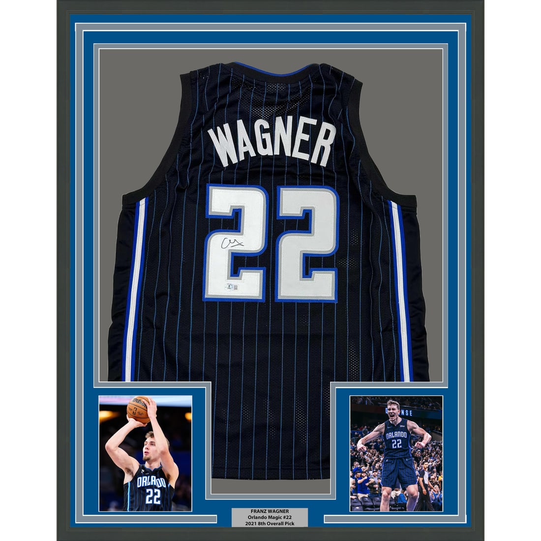 Framed Signed Franz Wagner Orlando Magic Jersey Beckett COA 35x39: Framed Signed Franz Wagner Orlando Magic Jersey Beckett COA 35x39 This professionally framed autographed jersey features Franz Wagner of the Orlando Magic. The black jersey is complemented by two 5x7 