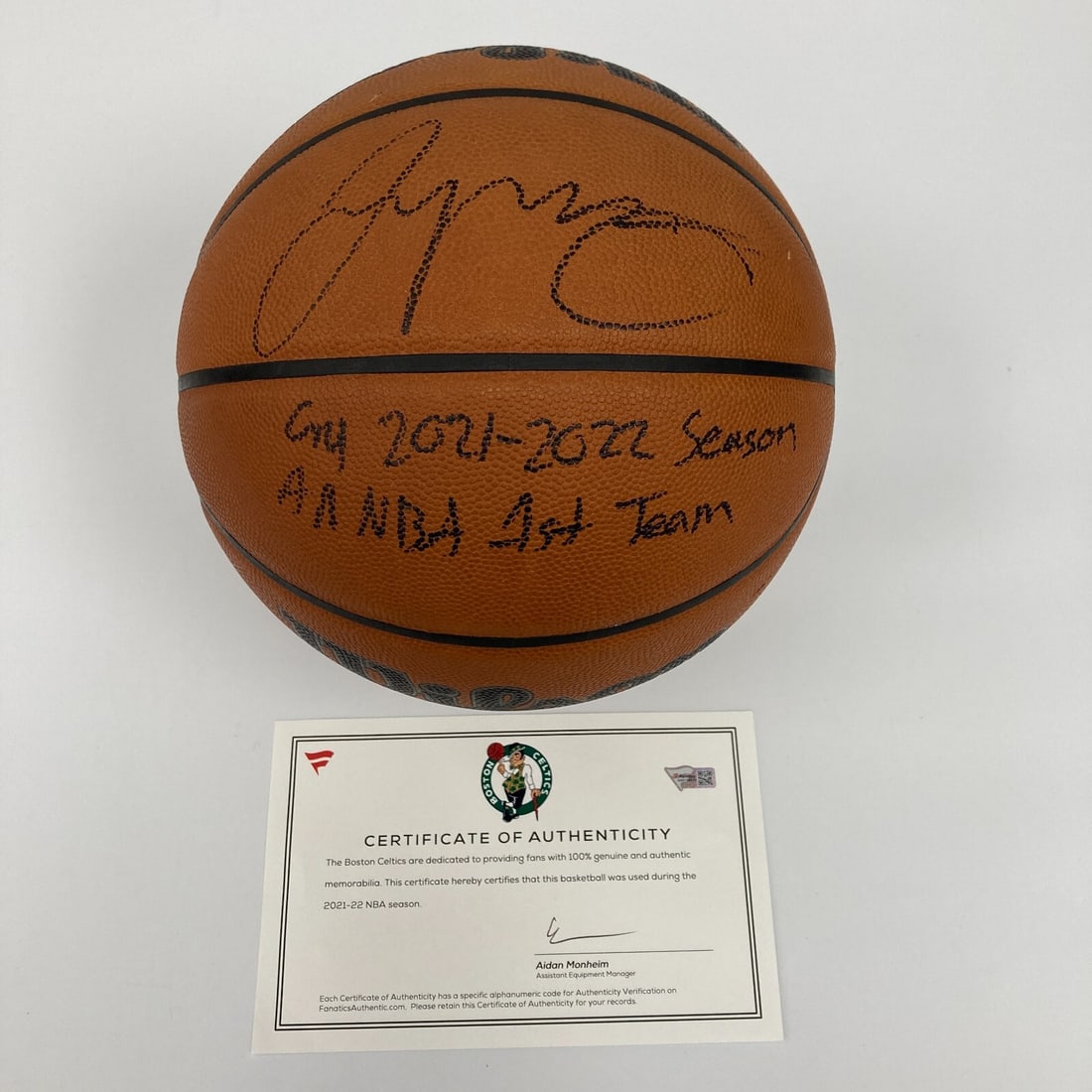 Jayson Tatum Signed Game Used NBA Basketball with Fanatics COA: Jayson Tatum Signed Game Used NBA Basketball with Fanatics COA This is a game-used Wilson NBA basketball signed by Jayson Tatum, the Boston Celtics star and 2023-24 NBA champion. The basketball was ut
