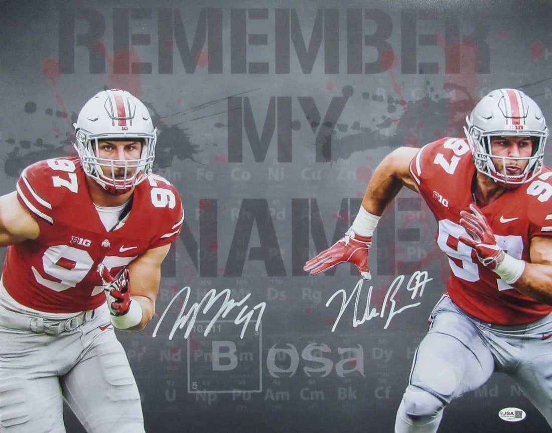 Nick Bosa Joey Bosa Dual-Signed 16x20 Ohio State Photo JSA Authenticated: Nick Bosa Joey Bosa Dual-Signed 16x20 Ohio State Photo JSA Authenticated This exceptional piece features a dual signature from football stars Nick Bosa and Joey Bosa on a striking 16x20 photo showcasi