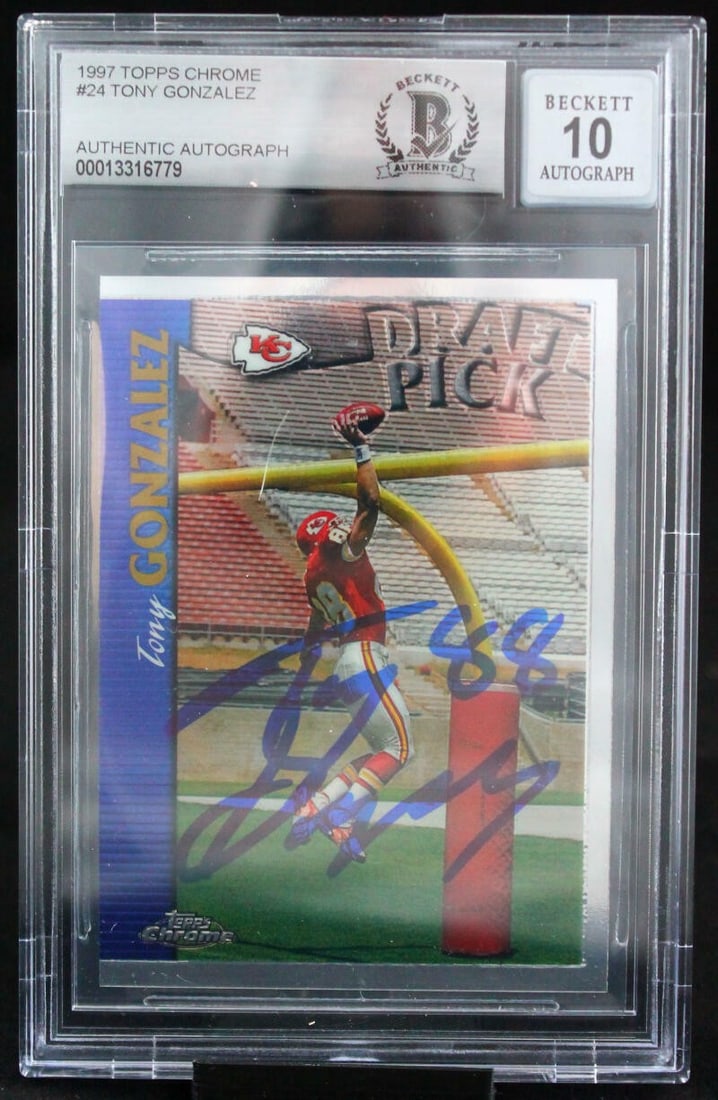Tony Gonzalez 1997 Topps Chrome Rookie Auto Chiefs BGS 10 Authenticated: Tony Gonzalez 1997 Topps Chrome Rookie Auto Chiefs BGS 10 Authenticated This is a 1997 Topps Chrome #24 Tony Gonzalez sports trading card featuring the Kansas City Chiefs legend. The card is hand-sign