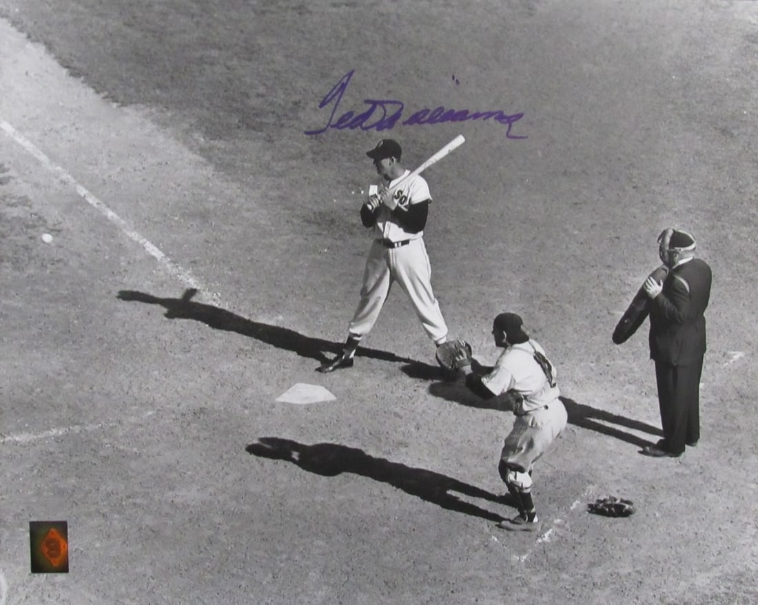 16x20 Photo Signed by Ted Williams with Green Diamond Hologram: 16x20 Photo Signed by Ted Williams with Green Diamond Hologram This 16x20 photo features the autograph of Hall of Famer Ted Williams and showcases him as a member of the Boston Red Sox. The autograph 