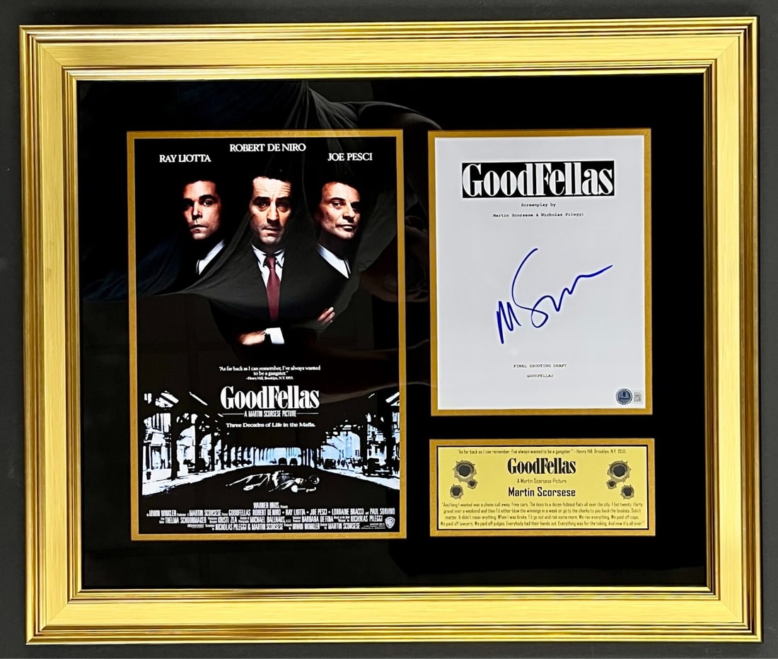 Martin Scorsese Signed Goodfellas Script Framed Display Beckett Authenticated: Martin Scorsese Signed Goodfellas Script Framed Display Beckett Authenticated This exquisite display features a custom framed cover of the movie script from 'Goodfellas,' signed by the acclaimed Oscar
