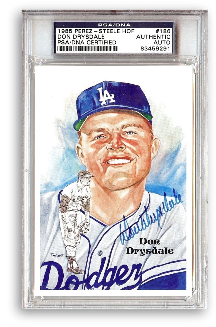 Don Drysdale 1981 Autographed Postcard Dodgers PSA Authenticated: Don Drysdale 1981 Autographed Postcard Dodgers PSA Authenticated This is an original 1981 Perex-Steele postcard featuring the legendary Don Drysdale, a celebrated pitcher for the Los Angeles Dodgers. 