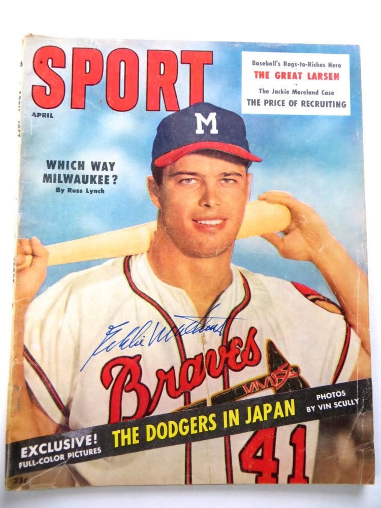Eddie Mathews Autographed Magazine 1957 Milwaukee Braves JSA Certified: Eddie Mathews Autographed Magazine 1957 Milwaukee Braves JSA Certified This original 1957 magazine features the legendary Eddie Mathews, a prominent player for the Milwaukee Braves. The magazine is au