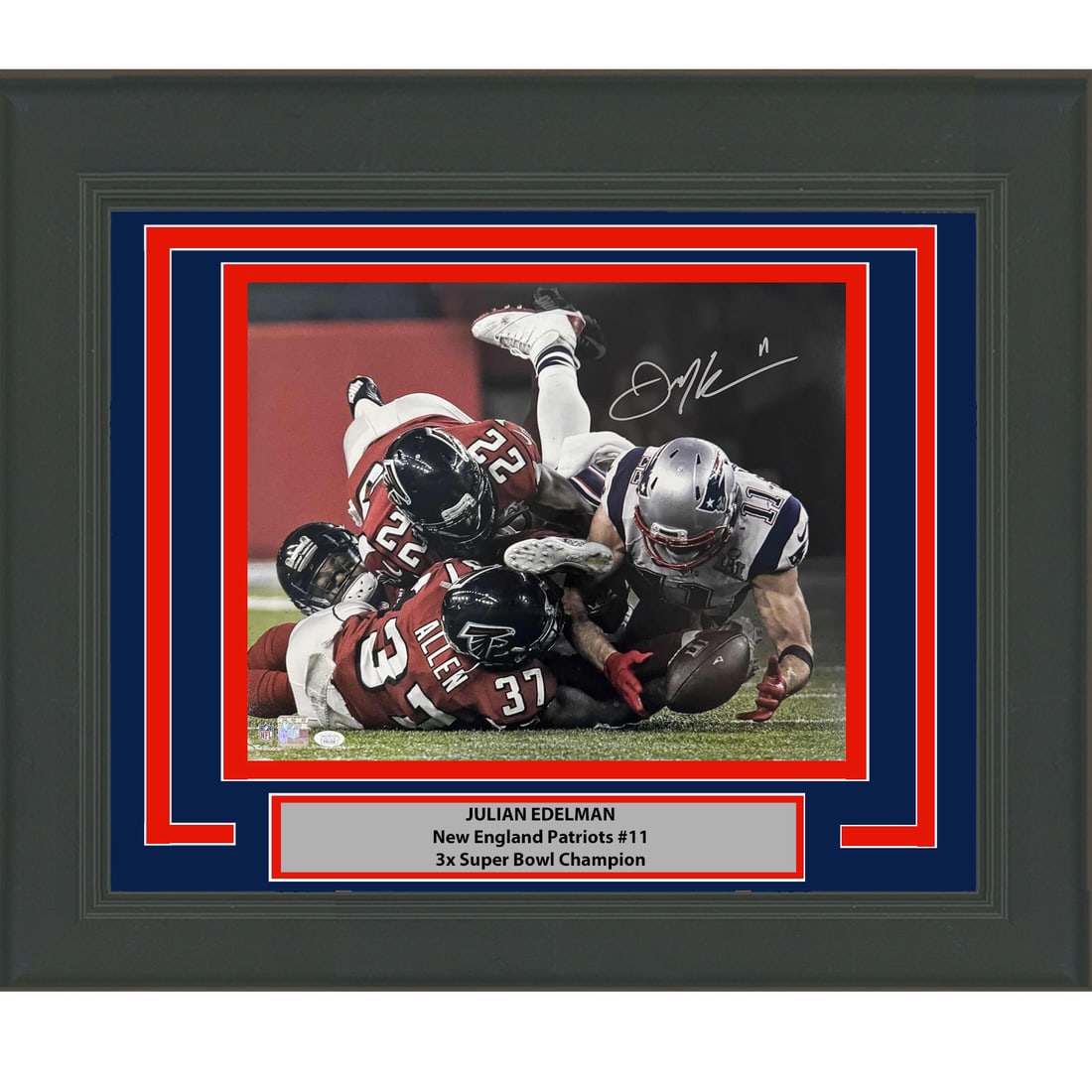 Framed Julian Edelman Autographed 16x20 Patriots Photo JSA COA: Framed Julian Edelman Autographed 16x20 Patriots Photo JSA COA This professionally framed and matted 16x20 football photo features the autograph of Julian Edelman, a celebrated player of the New Engla
