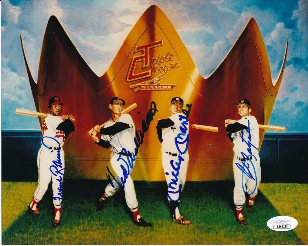 Mickey Mantle Ted Williams Frank Robinson Yastrzemski Signed Photo JSA Authenticated: Mickey Mantle Ted Williams Frank Robinson Yastrzemski Signed Photo JSA Authenticated This is an original signed 8x10 print featuring baseball legends Mickey Mantle, Ted Williams, Frank Robinson, and C