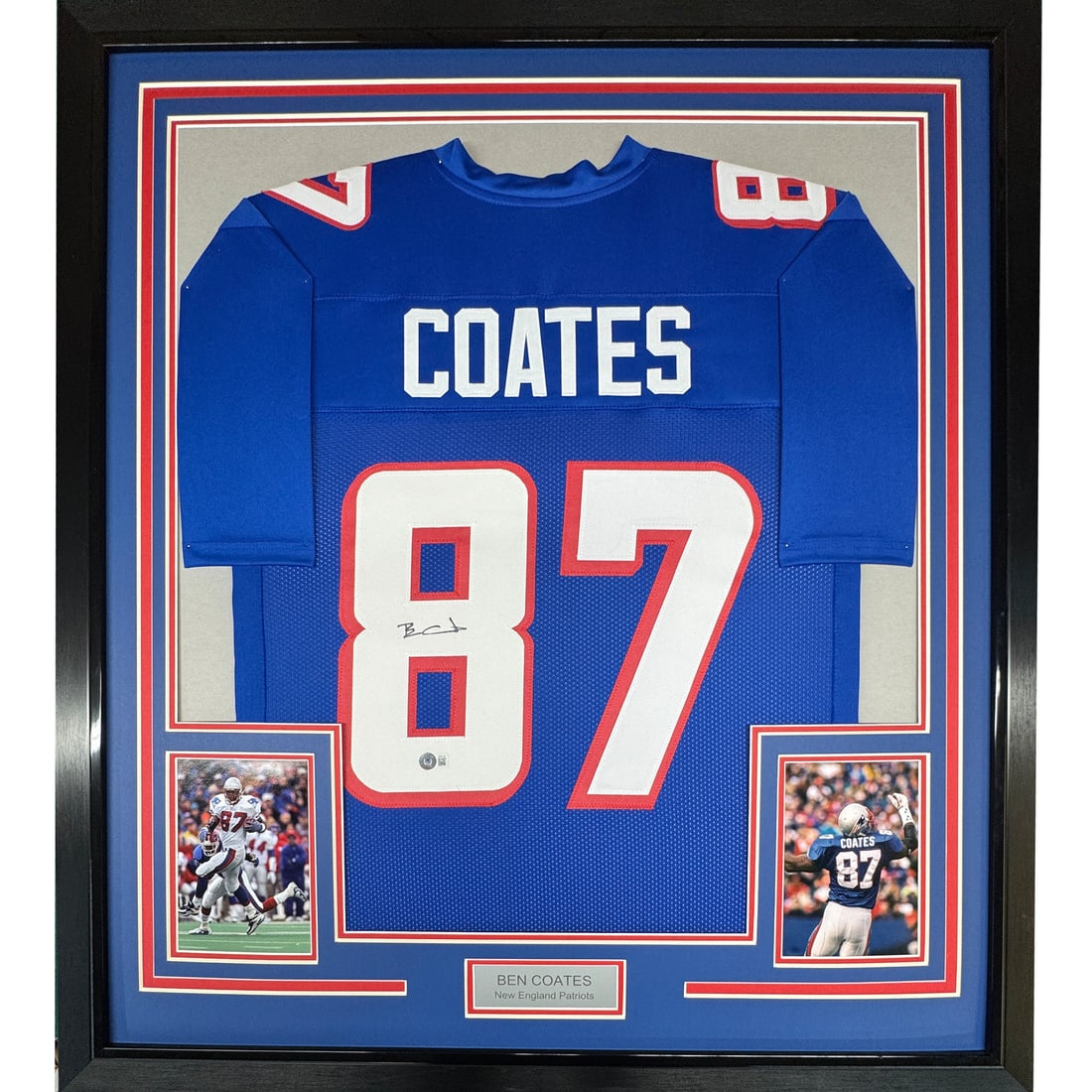 Ben Coates Signed Patriots Jersey Framed with Beckett COA and 5x7 Photos 35x39: Ben Coates Signed Patriots Jersey Framed with Beckett COA and 5x7 Photos 35x39 This is a professionally framed and matted New England Patriots blue jersey autographed by Ben Coates. The display includ