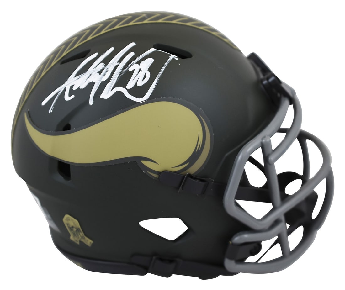 Adrian Peterson Signed 2025 Vikings Mini Helmet Beckett Authenticated: Adrian Peterson Signed 2025 Vikings Mini Helmet Beckett Authenticated Celebrate your love for football and the Minnesota Vikings with this authentic Adrian Peterson signed 2025 Salute To Service IV Sp
