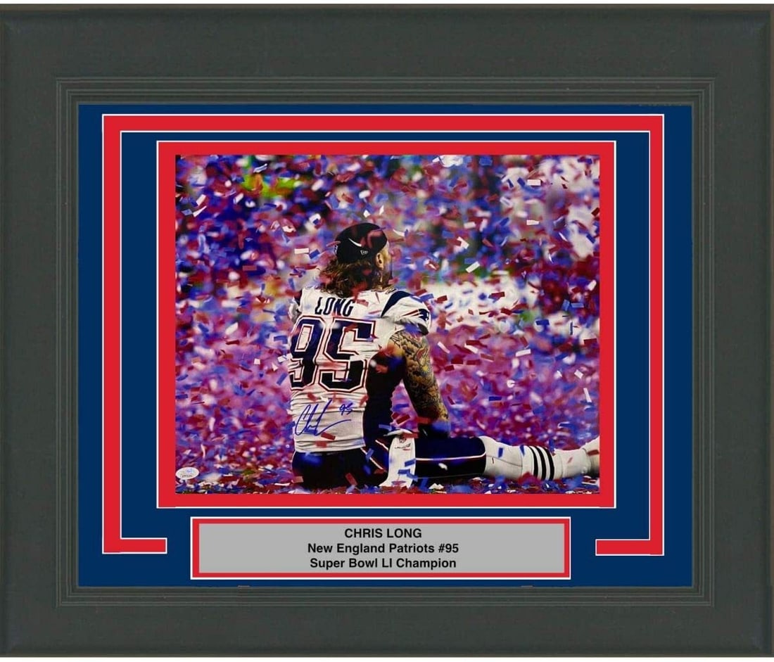 Framed Autographed Chris Long New England Patriots 16x20 Photo JSA COA Gem Mint: Framed Autographed Chris Long New England Patriots 16x20 Photo JSA COA Gem Mint This professionally framed and matted 16x20 photo of Chris Long, a standout player for the New England Patriots, is a mu